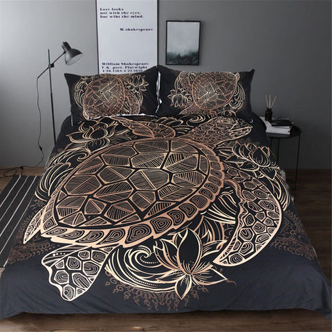 Luxury Textiles 3pcs Turtles Bedding Set Duvet, Flowers Lotus and Golden Tortoise Bed Cover Set - Home Excelsior