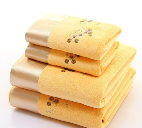 2pcs/set Microfiber Elegant Embroidered Towel Sets Solid 1pc Face Towel and 1pc Bath Towel.