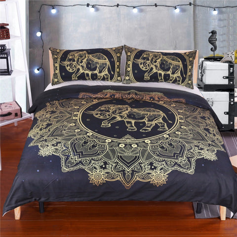 Black Golden Mandala Elephant Bedding Set - Home Excelsior 